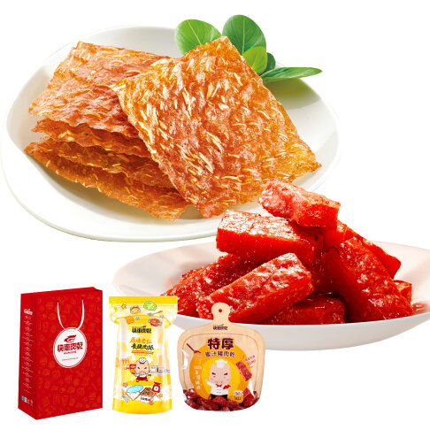 端上厚禮🐲美味𝟖𝟐折【快車肉乾】💚杏仁香脆肉紙1包(芝麻/原味/黑胡椒/櫻花蝦/海苔)+💚招牌特厚蜜汁肉乾1包★共2大包入↘特價：498元(原價610元) 【超取免運】【附精美紙袋】 1